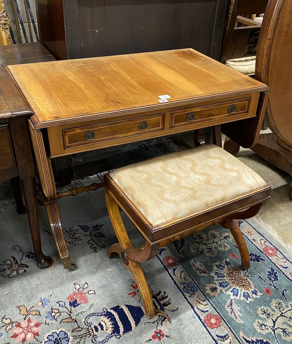 A Regency style yew sofa table, width 95cm, depth 61cm, height 72cm and a reproduction 'X' framed dressing stool